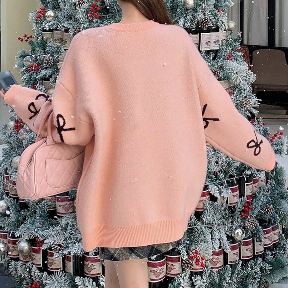 Pink Casual Women's Loose Fit Bowknot detailed Round Neck Long Sleeve Sweater - Picture 4 of 8